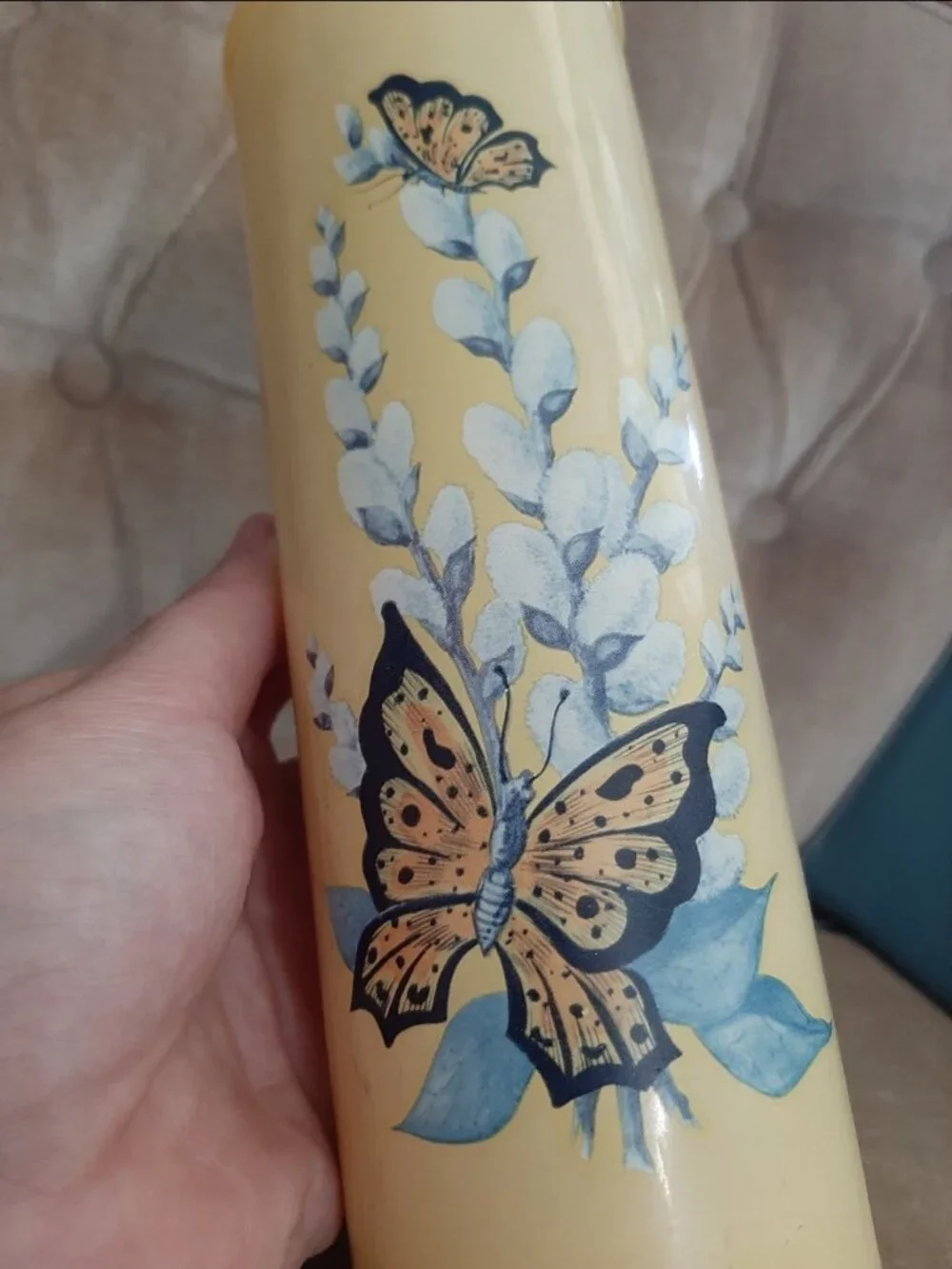 Vintage 1970s butterfly glass candle mcm home decor pillar retro